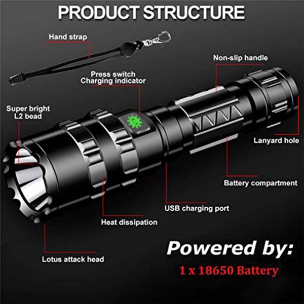 FocusOutdoor® Long-Range LED Flashlight Rechargeable Shockproof - Image 3
