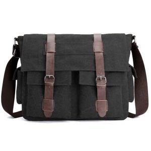 Vintage Military Canvas Messenger Laptop Bag: Leather Trim