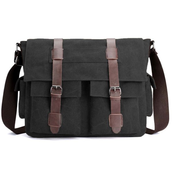 Vintage Military Canvas Messenger Laptop Bag: Leather Trim