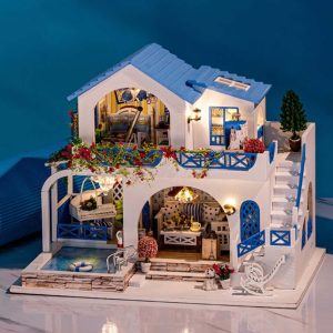 Miniature Wooden DIY Doll House: Blue & White Town