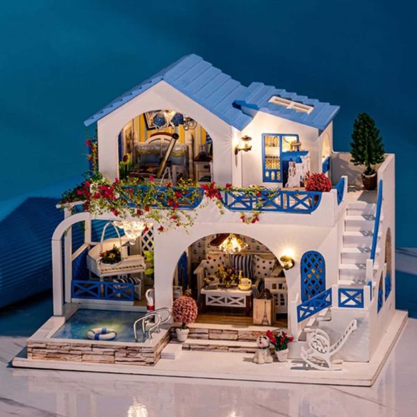 Miniature Wooden DIY Doll House: Blue & White Town