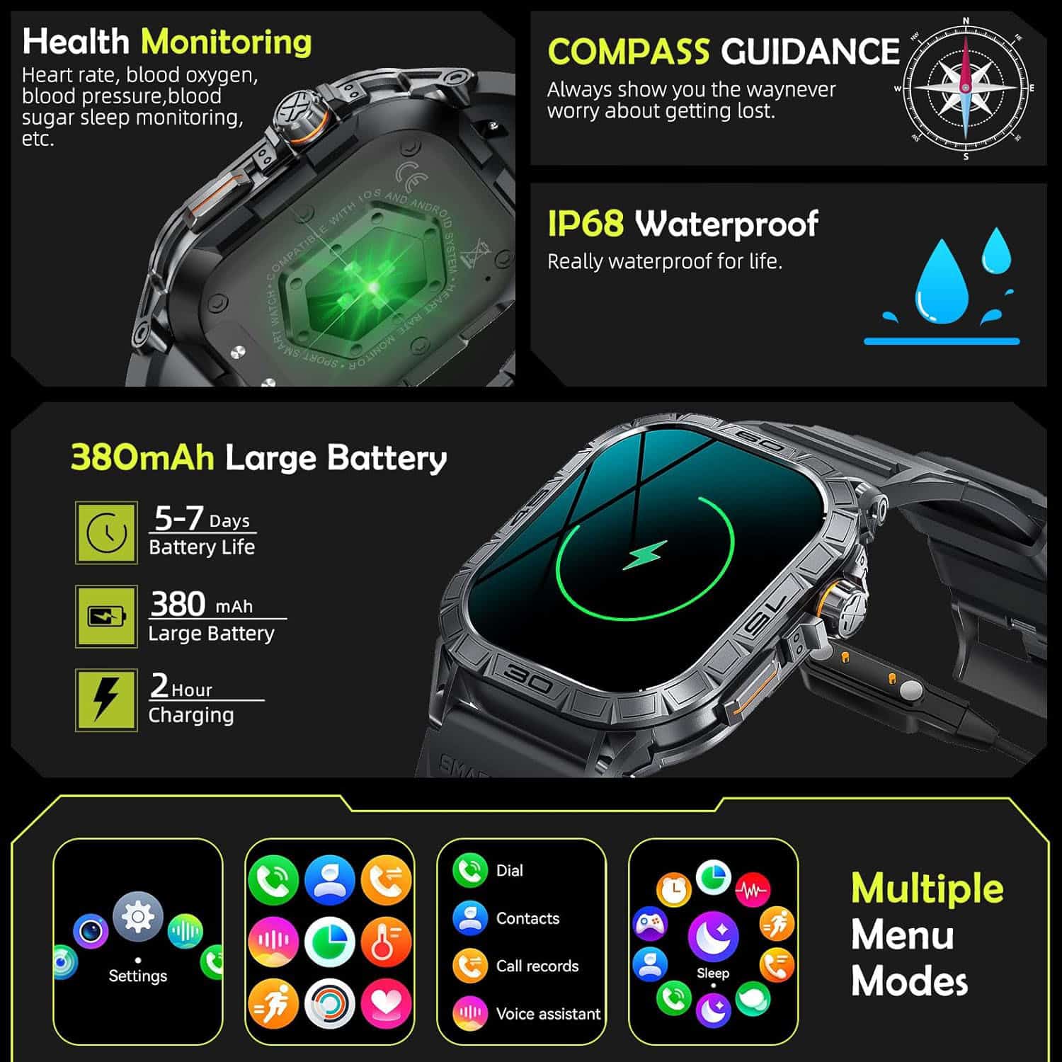 FocusFit® K63 1.96" Military AMOLED Tactical Smartwatch - Image 14