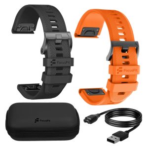 FocusFit® 26mm EasyFit Silicone Straps + Charger Bundle for Gamin Fenix 7X/6X/5X
