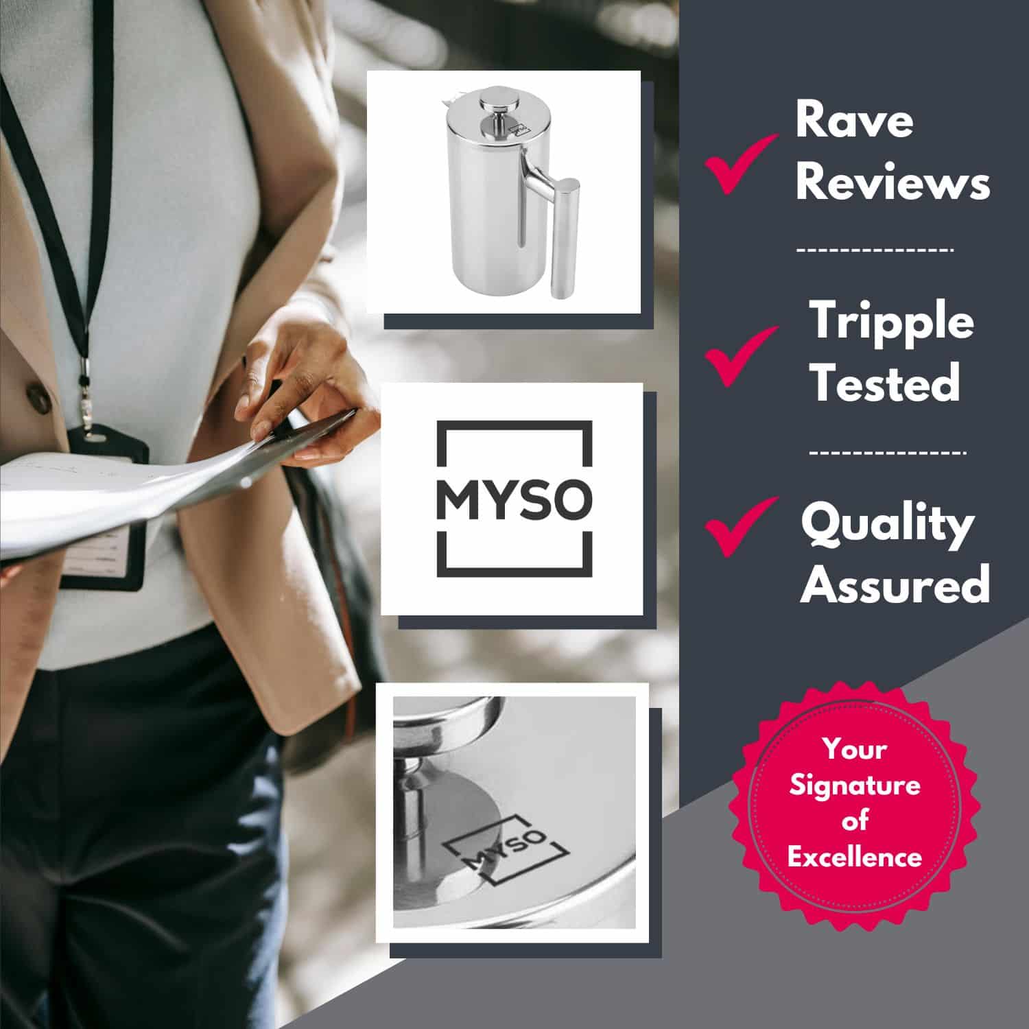MYSO® 1L Double Wall Premium French Press Coffee Maker - Image 4