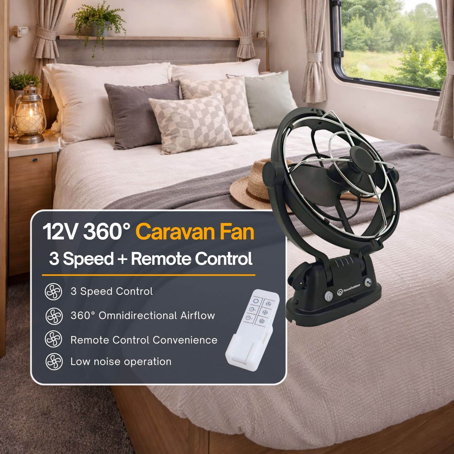 FocusOutdoor® 12V 360 Degree Omnidirectional 3 Speed Caravan Fan & Remote - Image 2