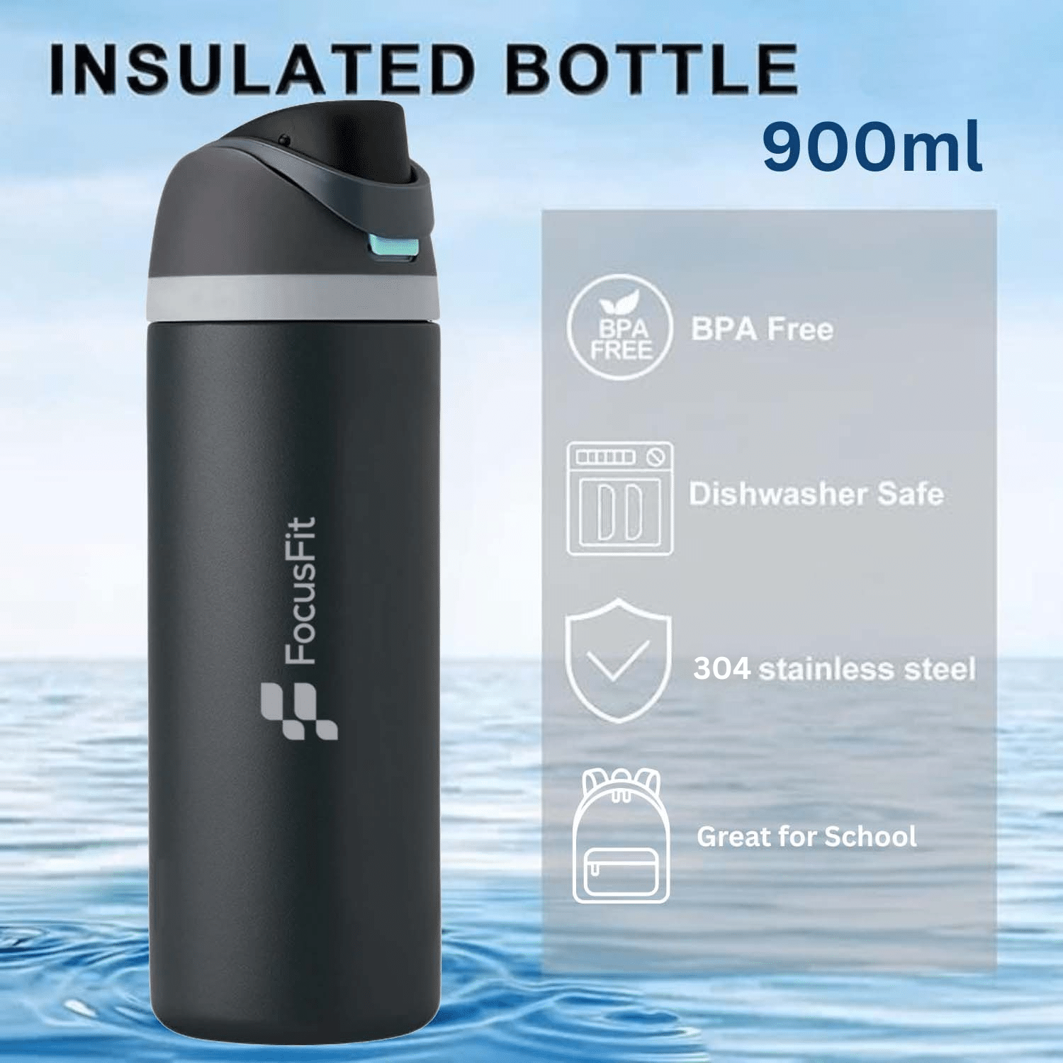 FocusFit® 900ml Triple Wall Stainless Steel Insulated Flip-Lid Water Bottle - Image 7