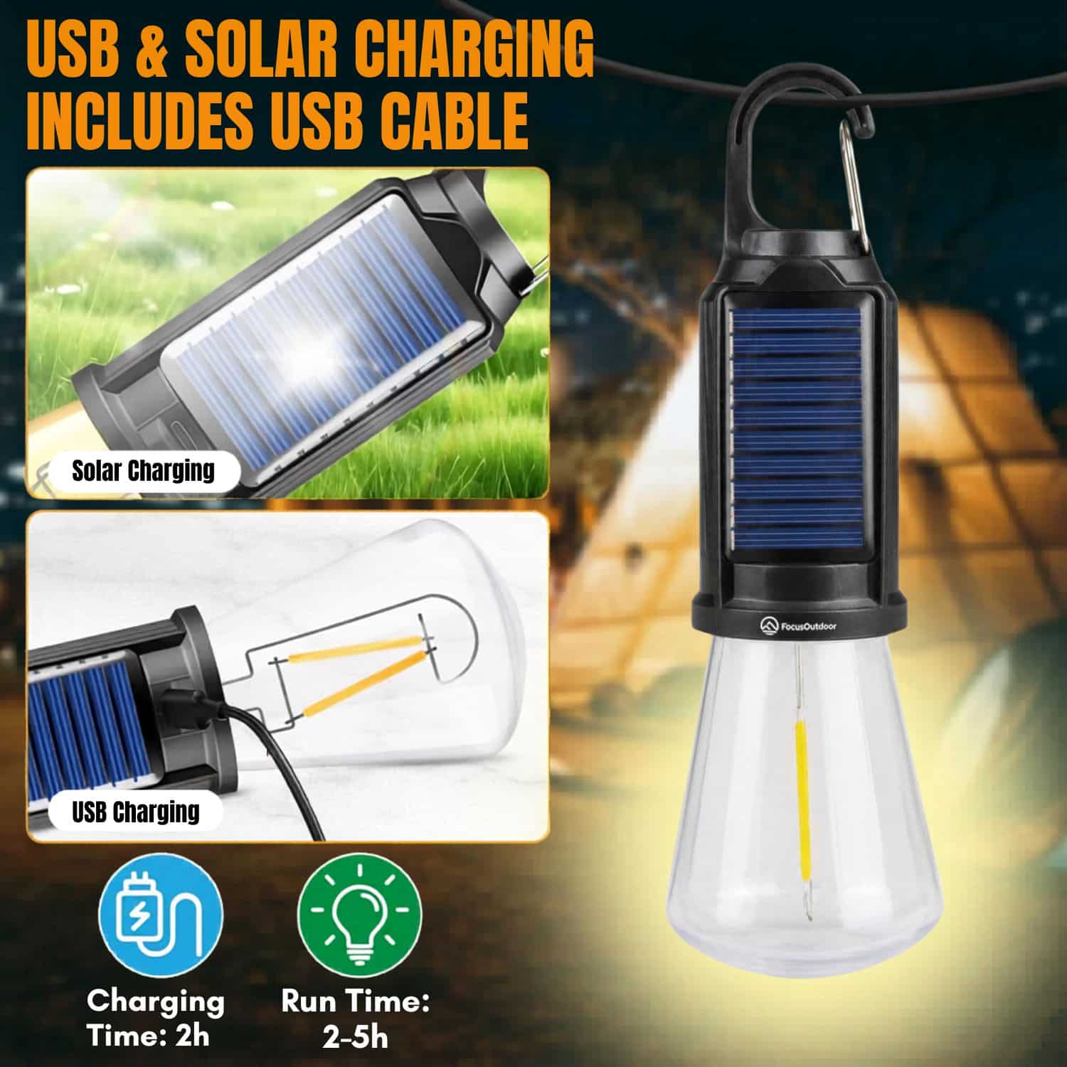 FocusOutdoor® LED Solar USB Rechargeable Camping Light 18cm - Image 8
