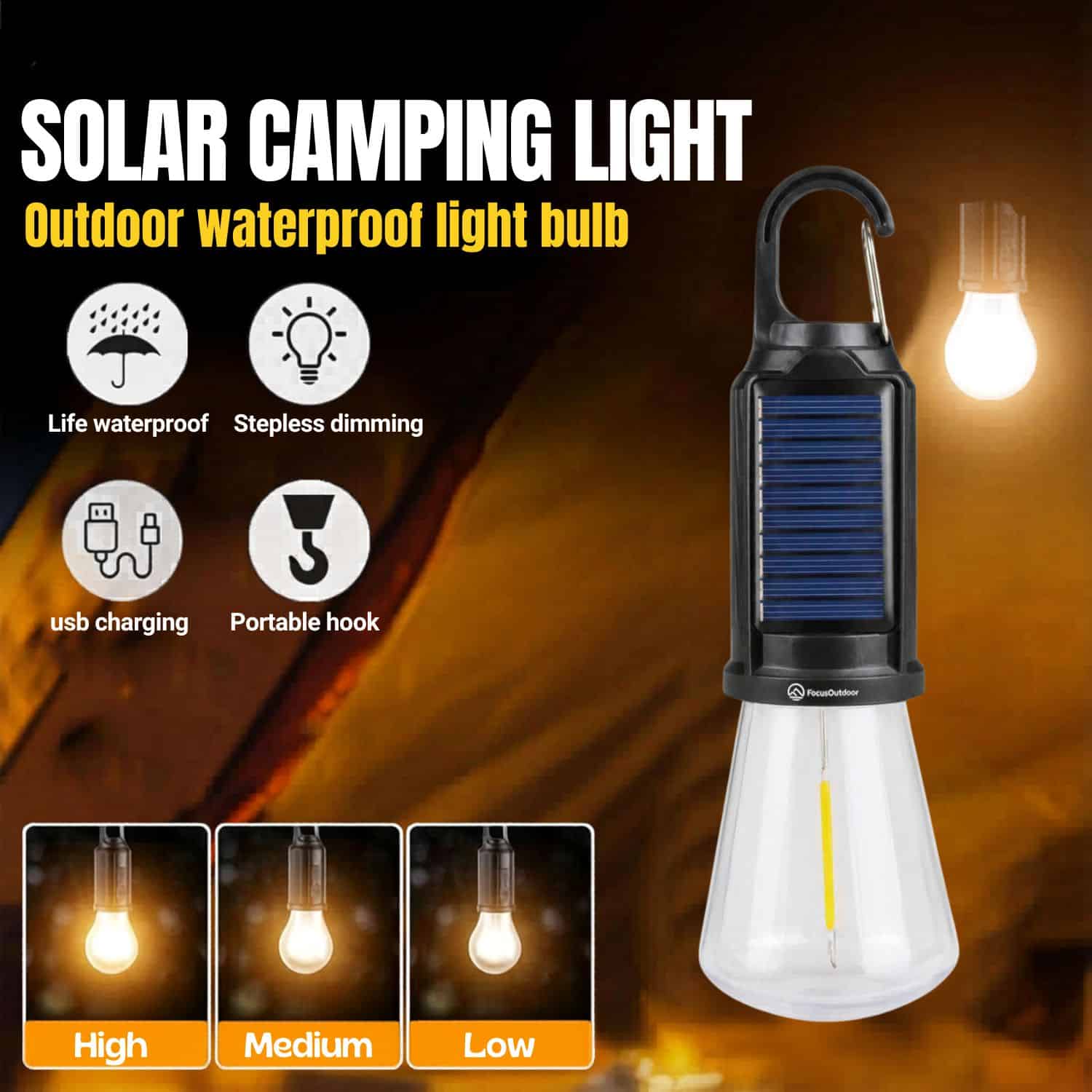 FocusOutdoor® LED Solar USB Rechargeable Camping Light 18cm - Image 3