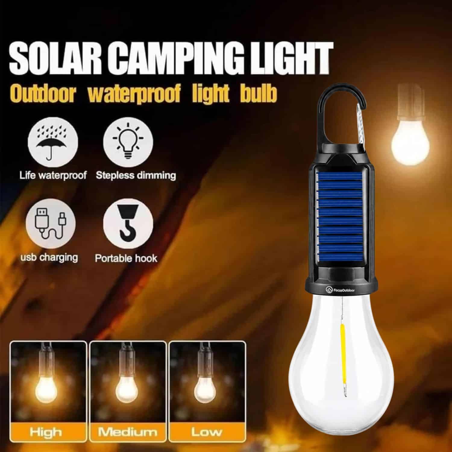 FocusOutdoor® Solar and USB Rechargeable LED Camping Lamp 18cm - Image 3