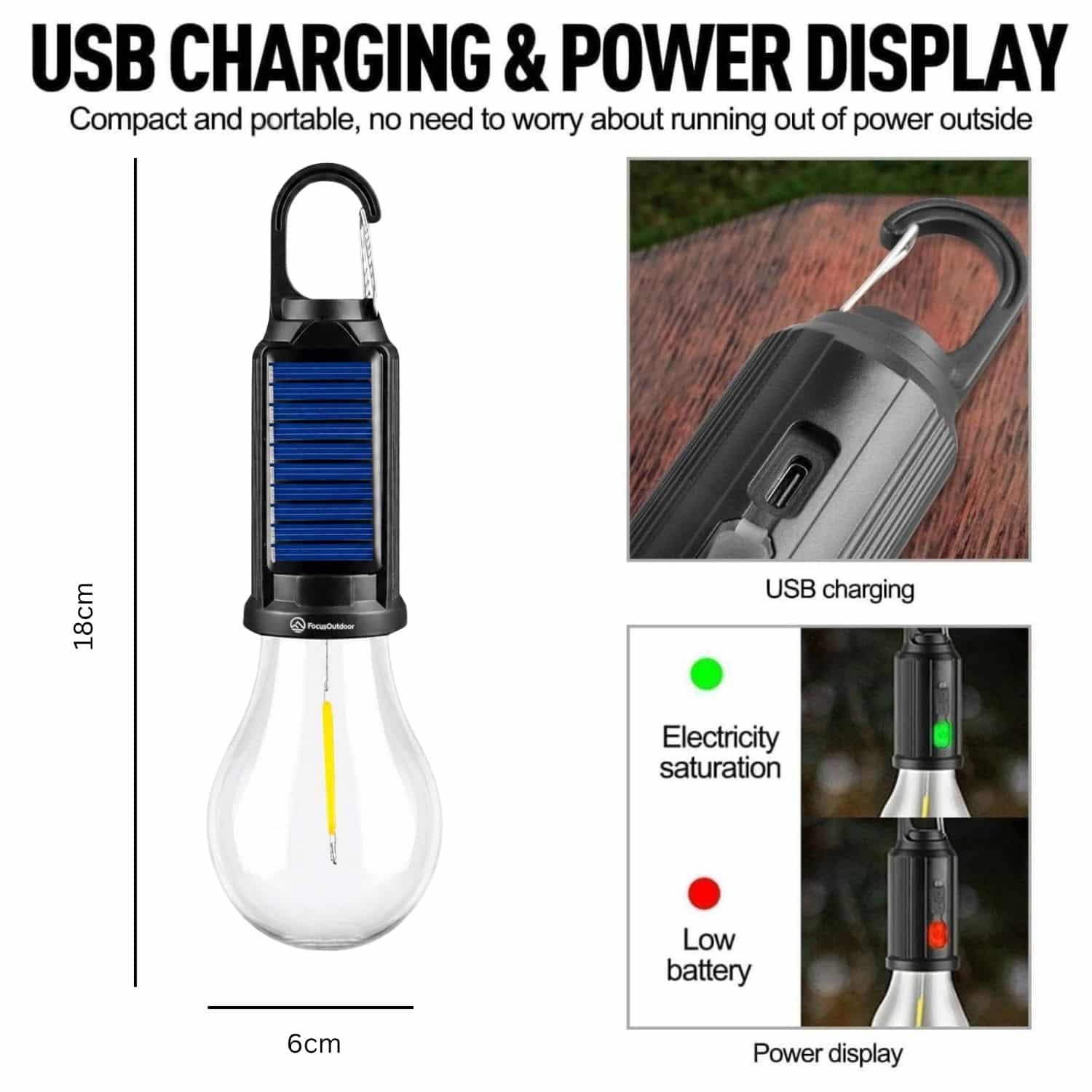 FocusOutdoor® Solar and USB Rechargeable LED Camping Lamp 18cm - Image 10