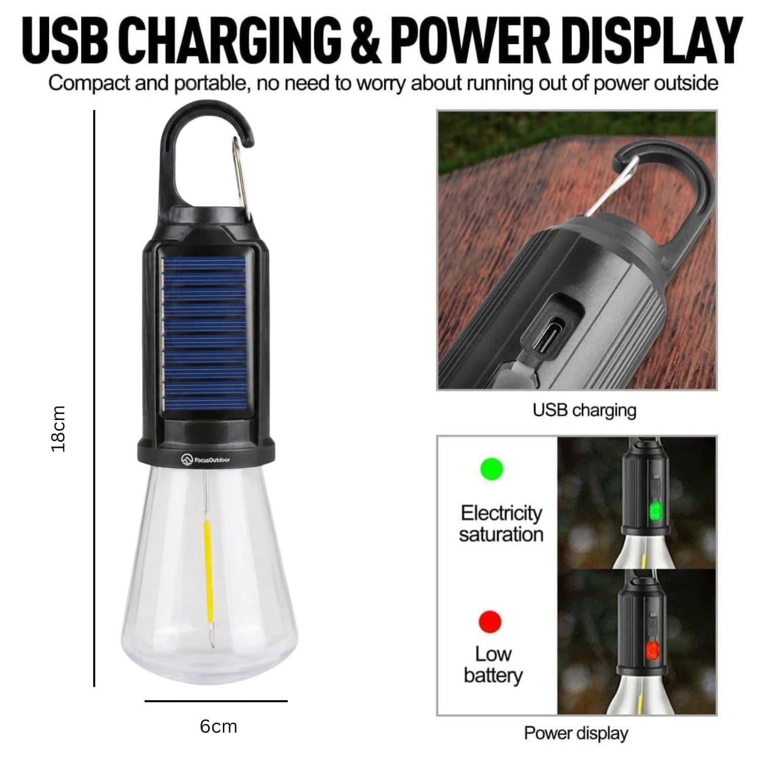 FocusOutdoor® LED Solar USB Rechargeable Camping Light 18cm - Image 10